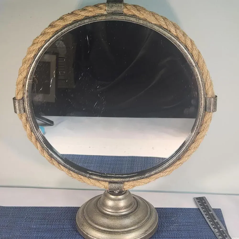 Vintage Round Table Mirror with Rope Frame and Metal Base 18x13 inches
